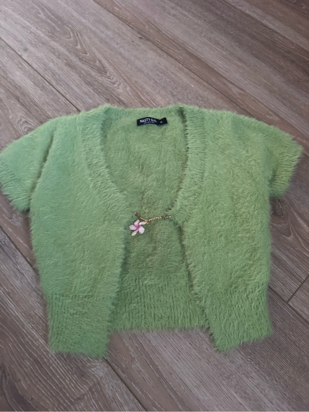 Nasty Gal Fuzzy Green Cropped Cardigan M Pink Flower Charm Y2K Fairycore